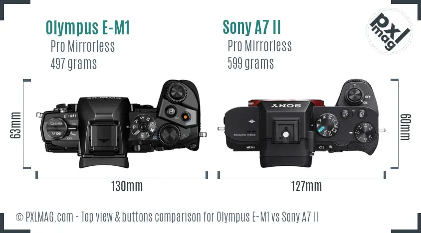 Olympus E-M1 vs Sony A7 II top view buttons comparison