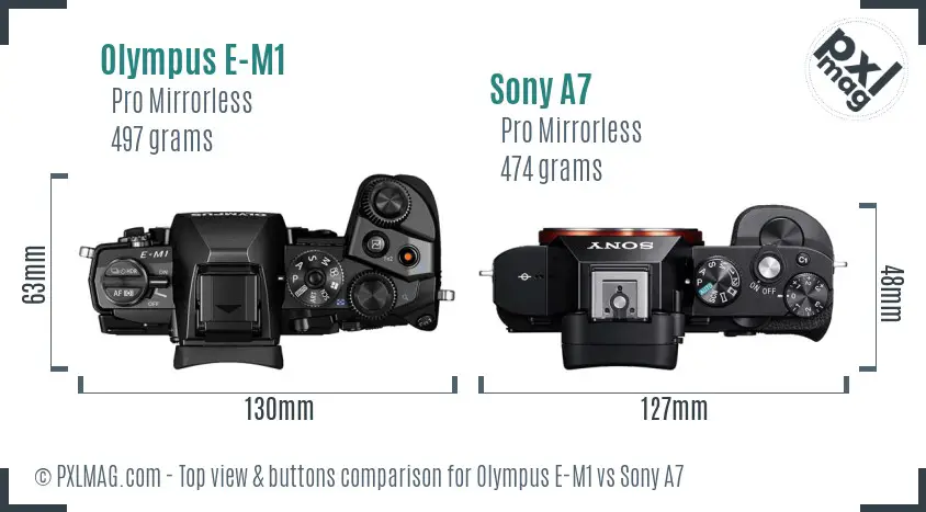 Olympus E-M1 vs Sony A7 top view buttons comparison