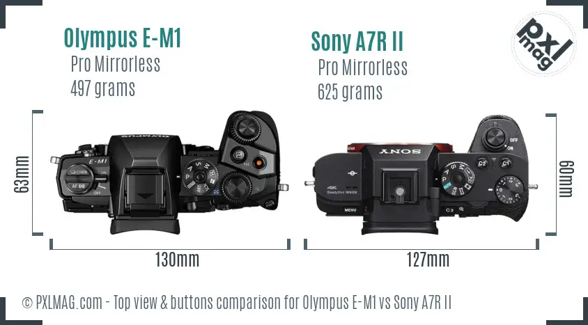 Olympus E-M1 vs Sony A7R II top view buttons comparison