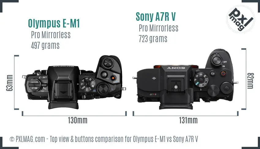 Olympus E-M1 vs Sony A7R V top view buttons comparison