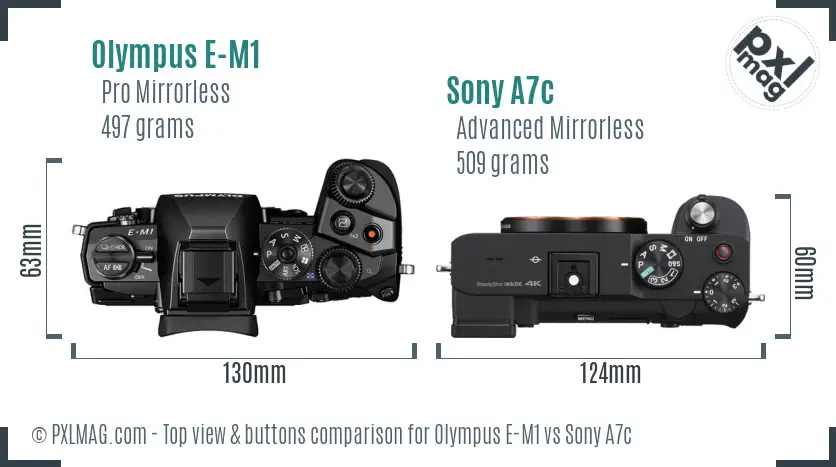 Olympus E-M1 vs Sony A7c top view buttons comparison