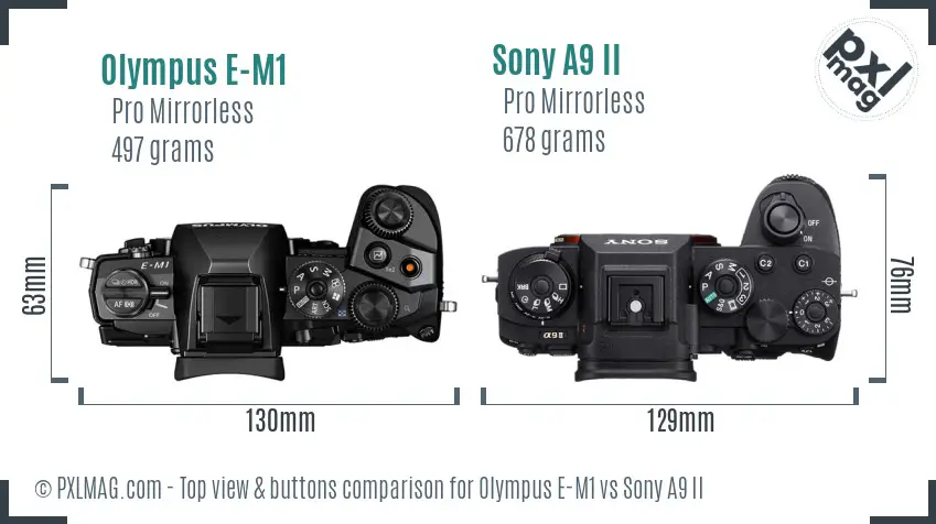 Olympus E-M1 vs Sony A9 II top view buttons comparison