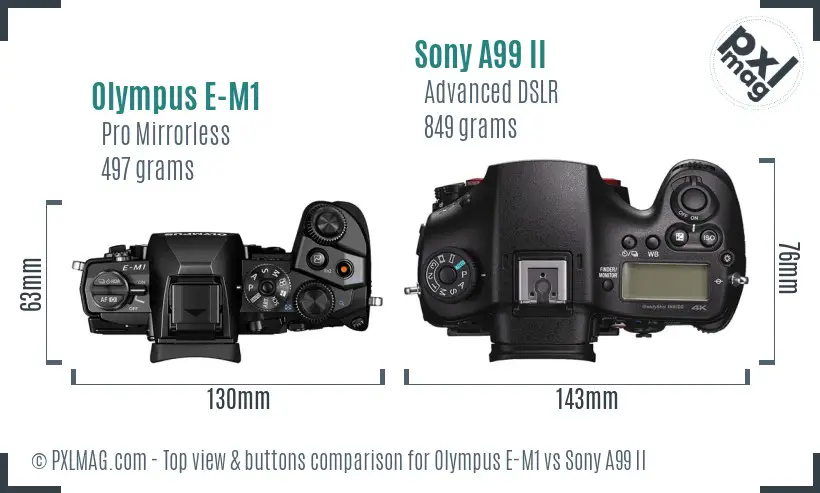 Olympus E-M1 vs Sony A99 II top view buttons comparison