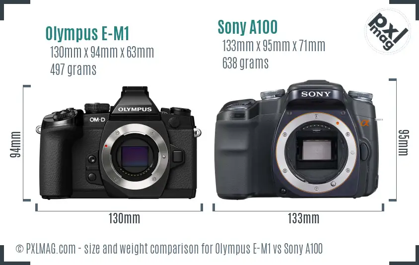 Olympus E-M1 vs Sony A100 size comparison