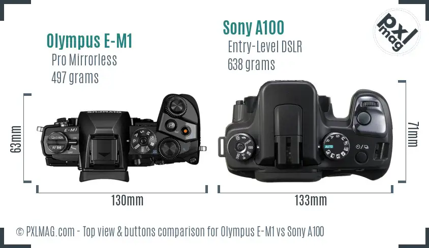 Olympus E-M1 vs Sony A100 top view buttons comparison