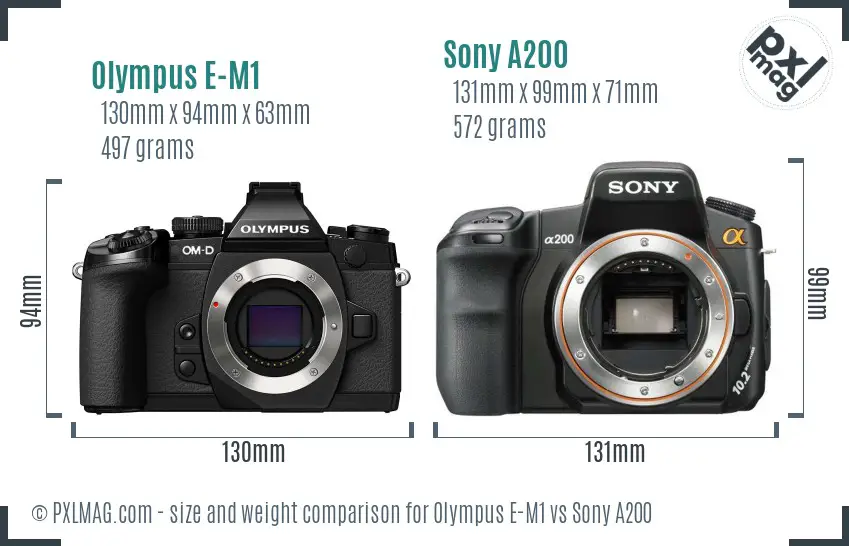 Olympus E-M1 vs Sony A200 size comparison