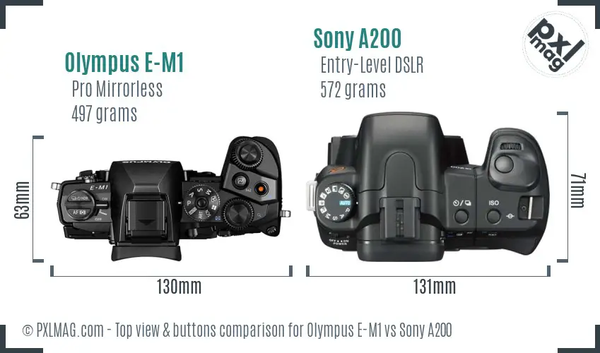 Olympus E-M1 vs Sony A200 top view buttons comparison