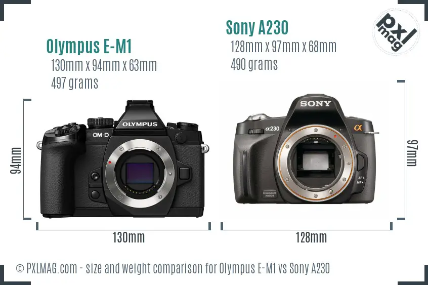 Olympus E-M1 vs Sony A230 size comparison