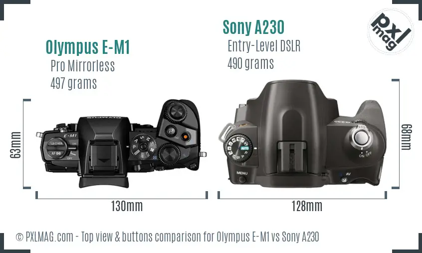 Olympus E-M1 vs Sony A230 top view buttons comparison