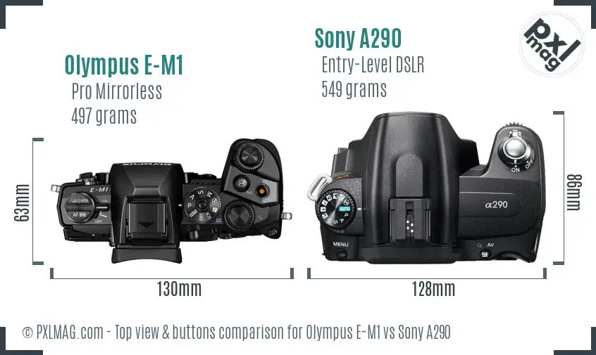 Olympus E-M1 vs Sony A290 top view buttons comparison
