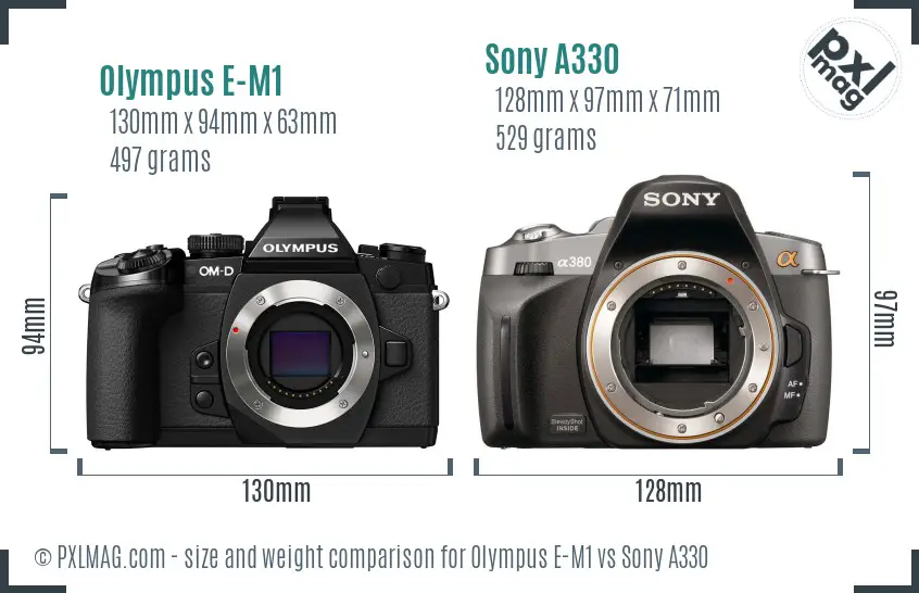 Olympus E-M1 vs Sony A330 size comparison