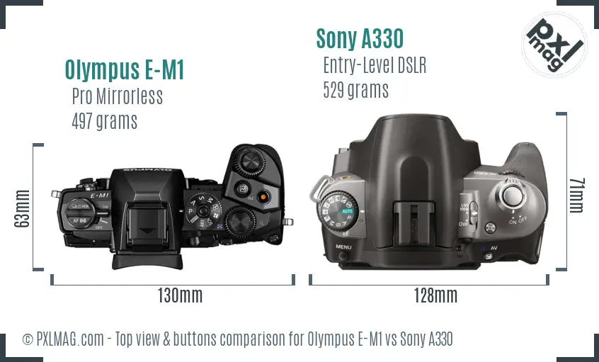 Olympus E-M1 vs Sony A330 top view buttons comparison