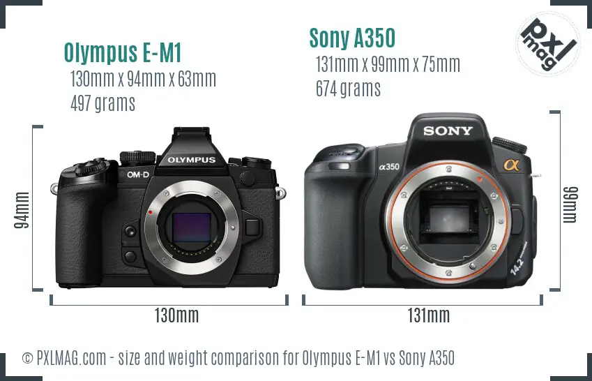 Olympus E-M1 vs Sony A350 size comparison