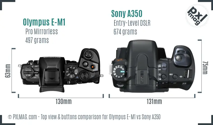 Olympus E-M1 vs Sony A350 top view buttons comparison