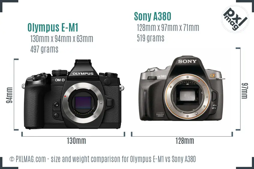 Olympus E-M1 vs Sony A380 size comparison