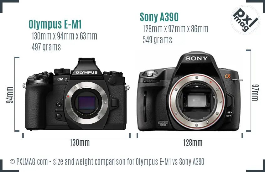 Olympus E-M1 vs Sony A390 size comparison