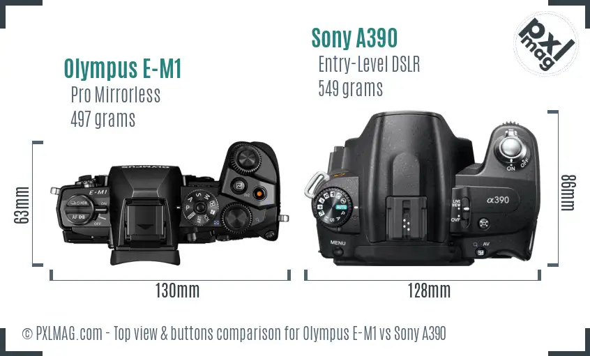 Olympus E-M1 vs Sony A390 top view buttons comparison