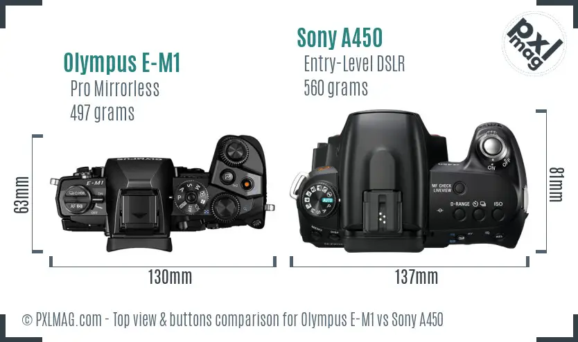 Olympus E-M1 vs Sony A450 top view buttons comparison