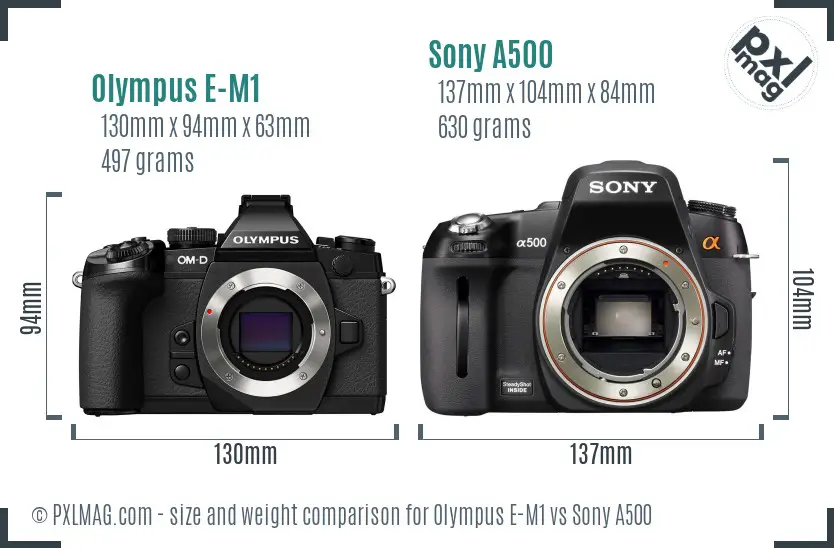 Olympus E-M1 vs Sony A500 size comparison