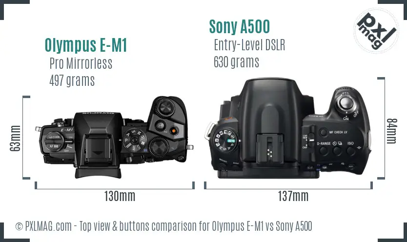 Olympus E-M1 vs Sony A500 top view buttons comparison