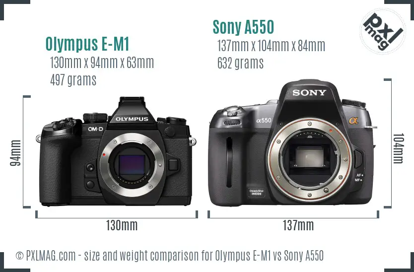 Olympus E-M1 vs Sony A550 size comparison