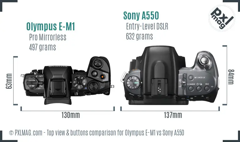 Olympus E-M1 vs Sony A550 top view buttons comparison