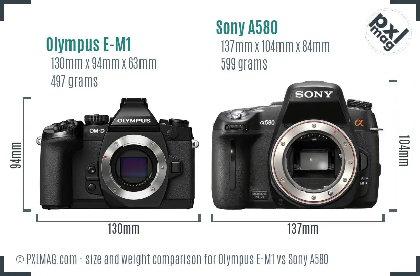 Olympus E-M1 vs Sony A580 size comparison