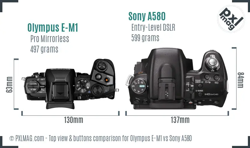 Olympus E-M1 vs Sony A580 top view buttons comparison