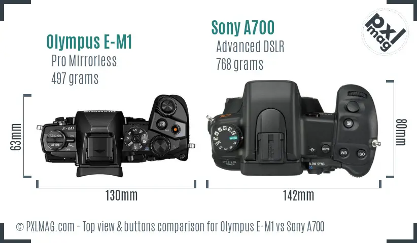 Olympus E-M1 vs Sony A700 top view buttons comparison