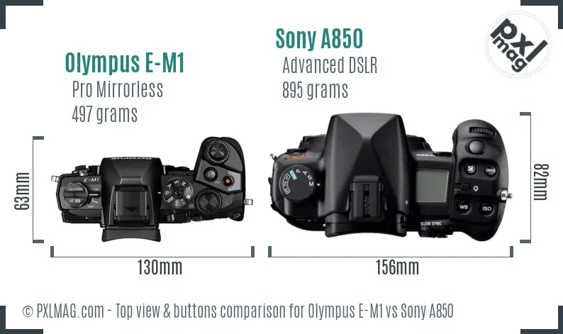 Olympus E-M1 vs Sony A850 top view buttons comparison