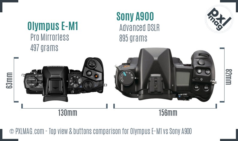 Olympus E-M1 vs Sony A900 top view buttons comparison