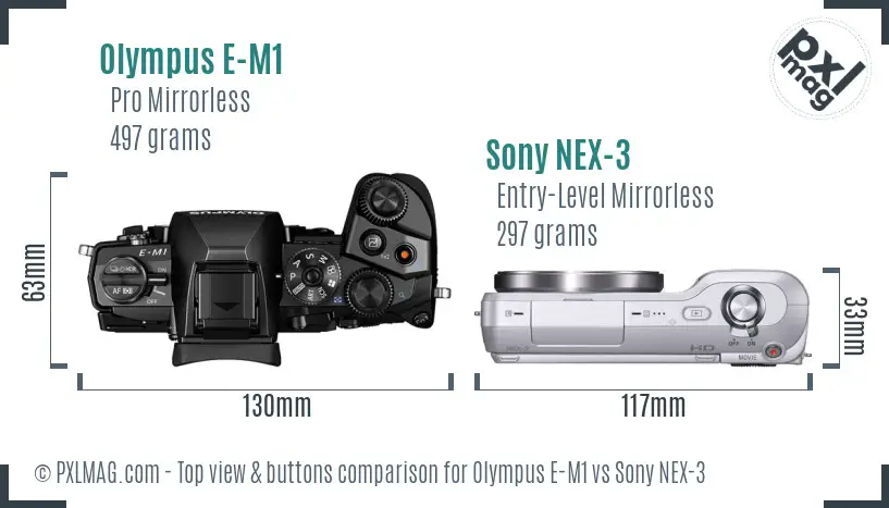 Olympus E-M1 vs Sony NEX-3 top view buttons comparison