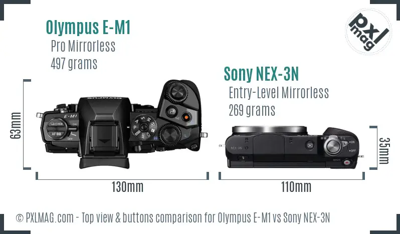 Olympus E-M1 vs Sony NEX-3N top view buttons comparison Olympus E-M1 vs Sony NEX-3N top view buttons comparison