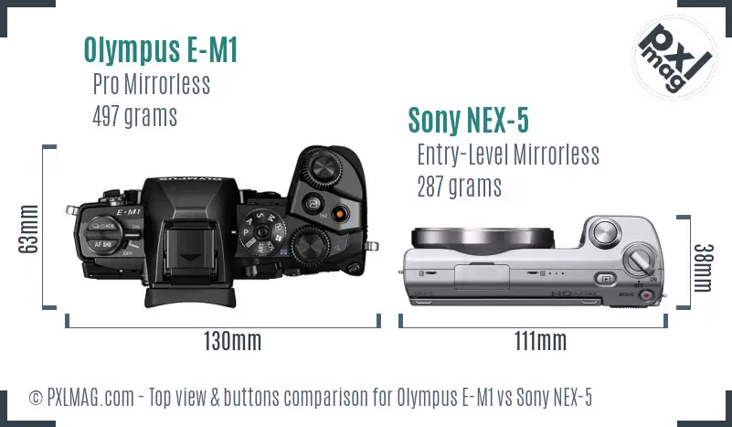 Olympus E-M1 vs Sony NEX-5 top view buttons comparison