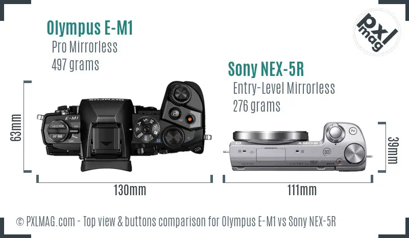 Olympus E-M1 vs Sony NEX-5R top view buttons comparison