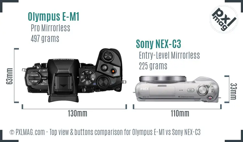 Olympus E-M1 vs Sony NEX-C3 top view buttons comparison