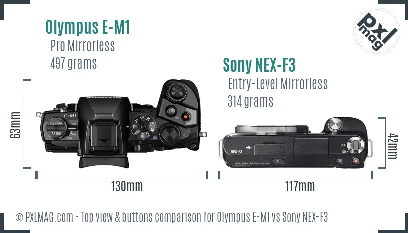 Olympus E-M1 vs Sony NEX-F3 top view buttons comparison