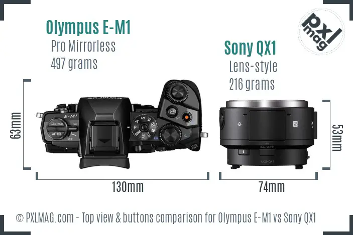 Olympus E-M1 vs Sony QX1 top view buttons comparison