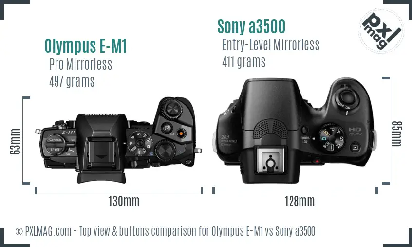 Olympus E-M1 vs Sony a3500 top view buttons comparison