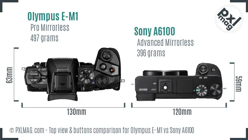 Olympus E-M1 vs Sony A6100 top view buttons comparison Olympus E-M1 vs Sony A6100 top view buttons comparison