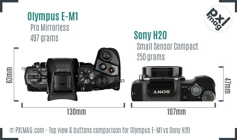 Olympus E-M1 vs Sony H20 top view buttons comparison