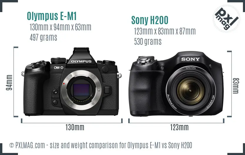 Olympus E-M1 vs Sony H200 size comparison