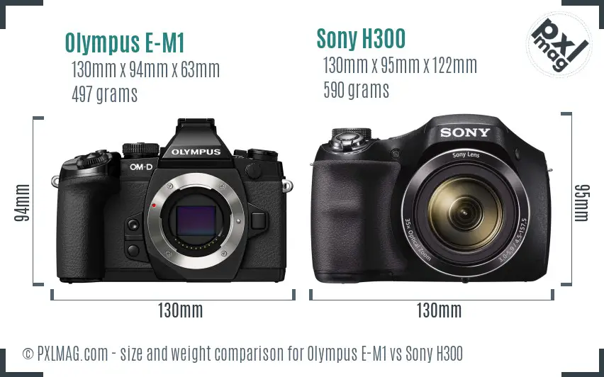 Olympus E-M1 vs Sony H300 size comparison