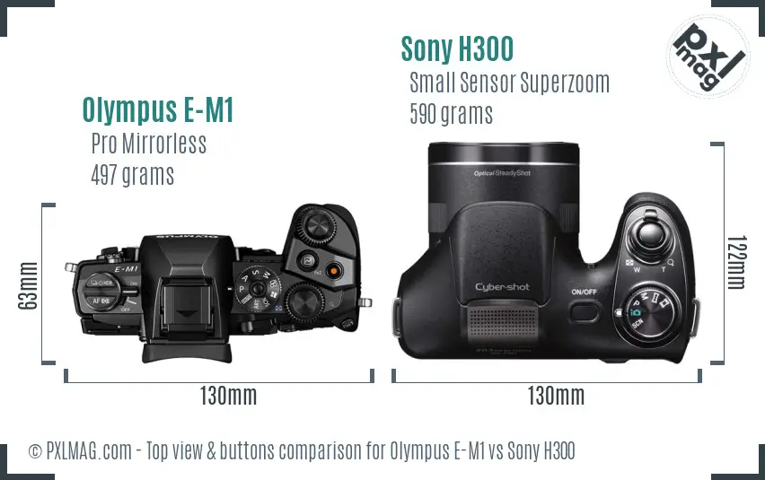 Olympus E-M1 vs Sony H300 top view buttons comparison