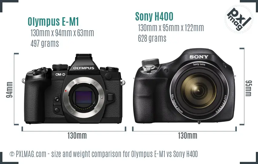 Olympus E-M1 vs Sony H400 size comparison