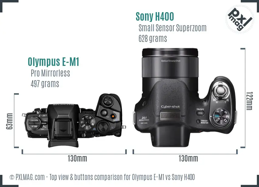 Olympus E-M1 vs Sony H400 top view buttons comparison