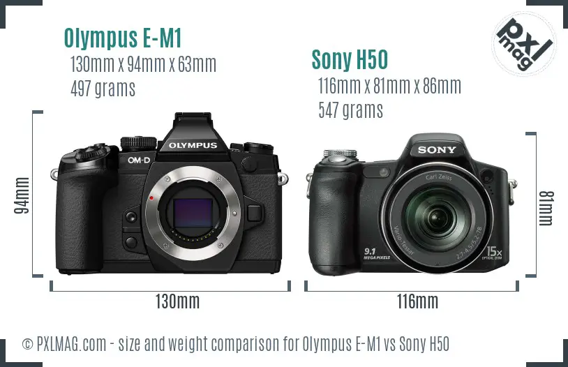 Olympus E-M1 vs Sony H50 size comparison