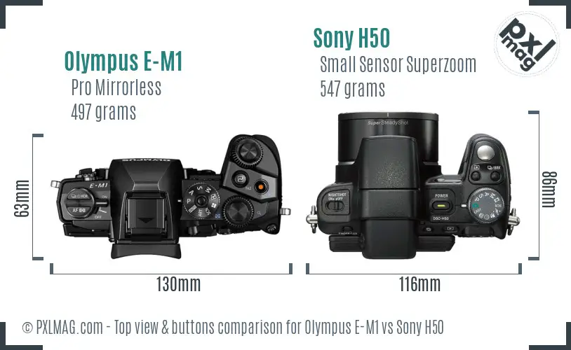 Olympus E-M1 vs Sony H50 top view buttons comparison
