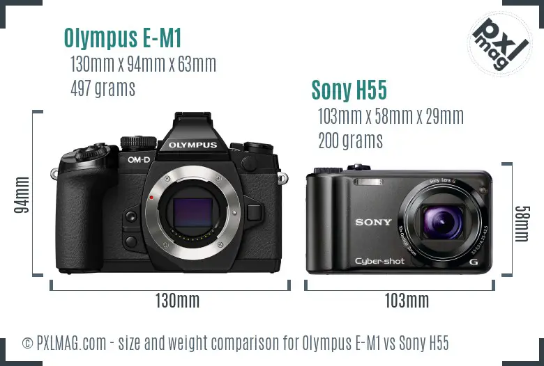 Olympus E-M1 vs Sony H55 size comparison