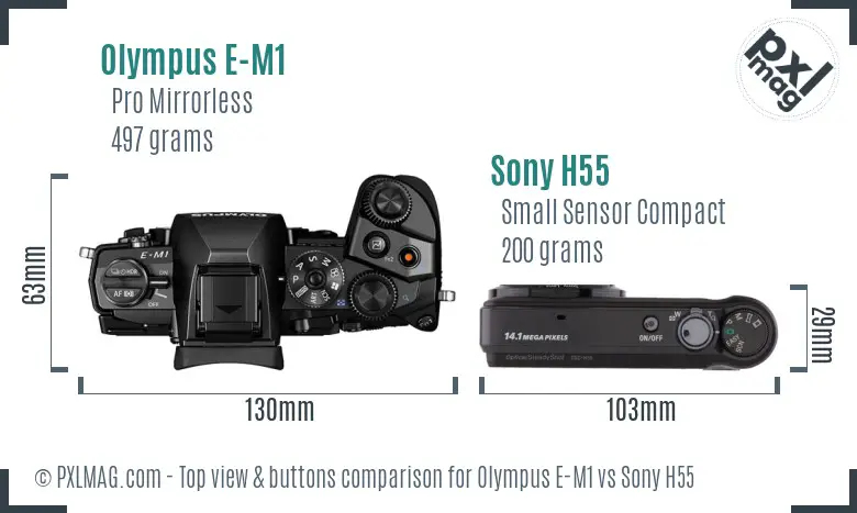 Olympus E-M1 vs Sony H55 top view buttons comparison